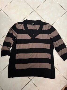 Style & Co. Black and Taupe Striped V-Neck Sweater